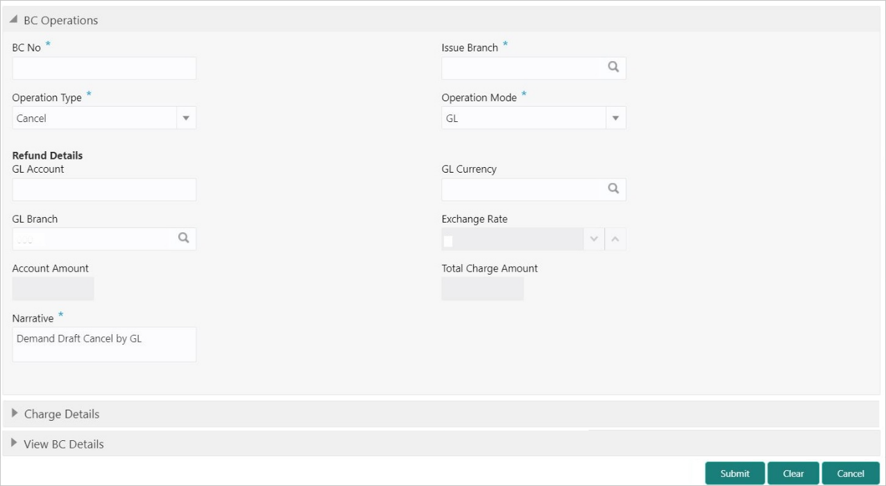 This figure shows a sample of the BC Operations screen.