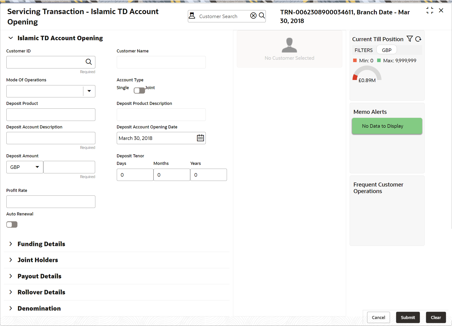 This figure shows a sample of the Islamic TD Account Opening screen.