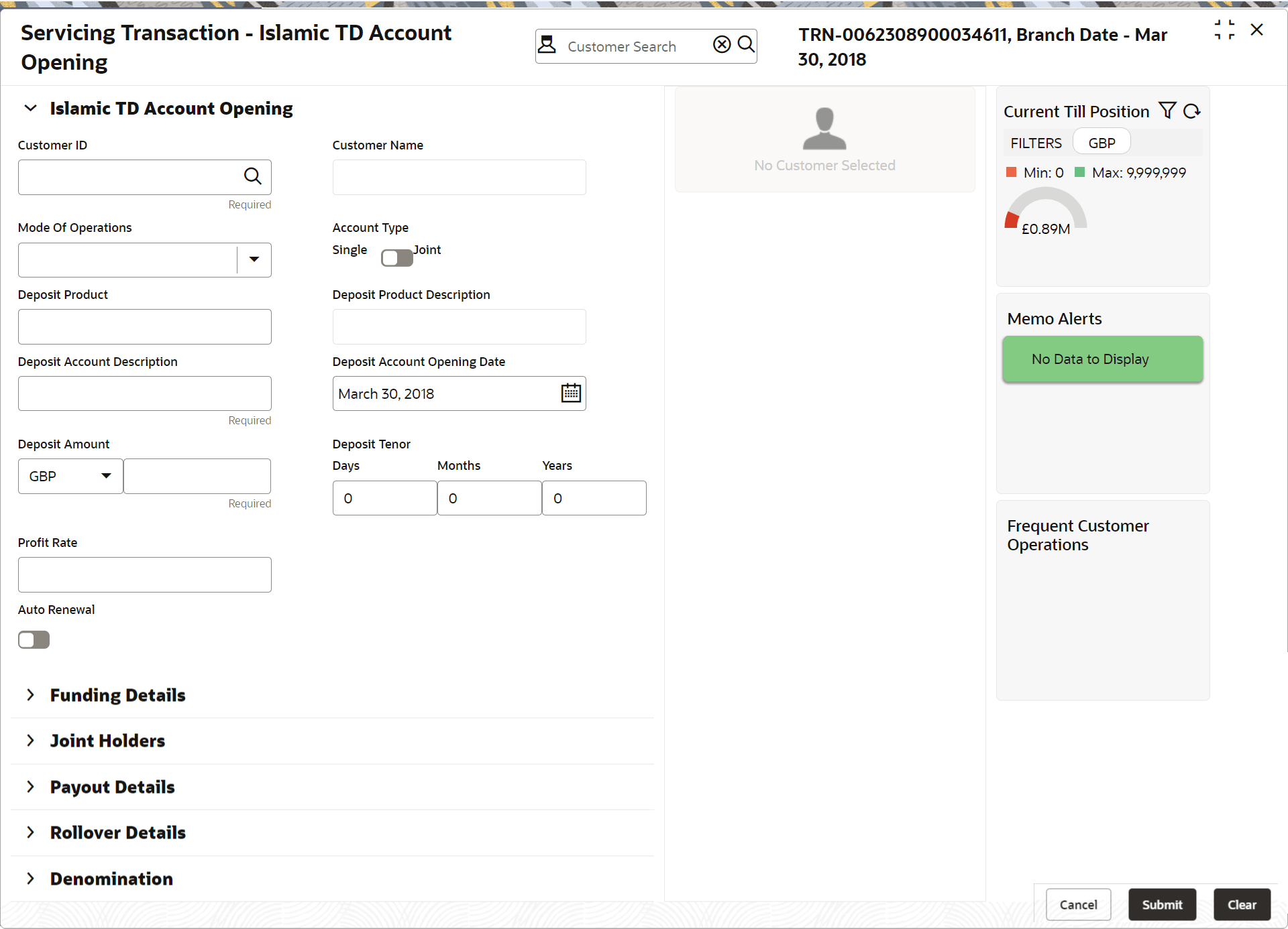 This figure shows a sample of the Islamic TD Account Opening screen. This figure shows a sample of the Islamic TD Account Opening screen.
