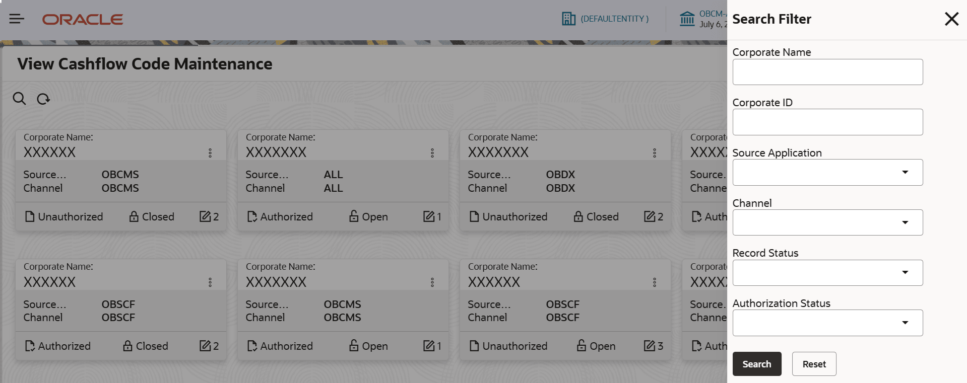 View Cashflow Code Maintenance
