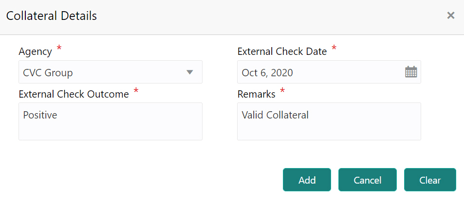 Collateral Details such as Agency and External Check Date