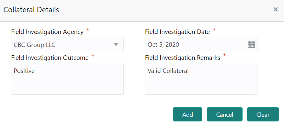 Collateral Details such as Field Investigation Agency and Field Investigation Date