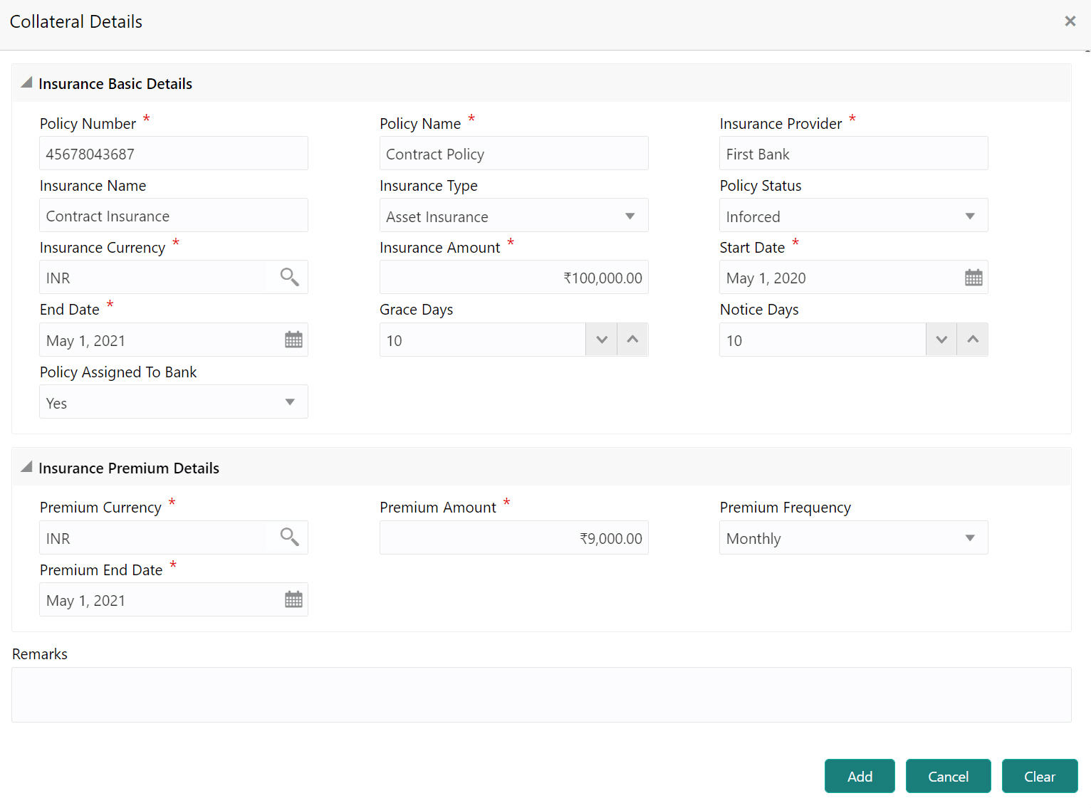 Collateral details such as Insurance Basic Details and Insurance Premium Details