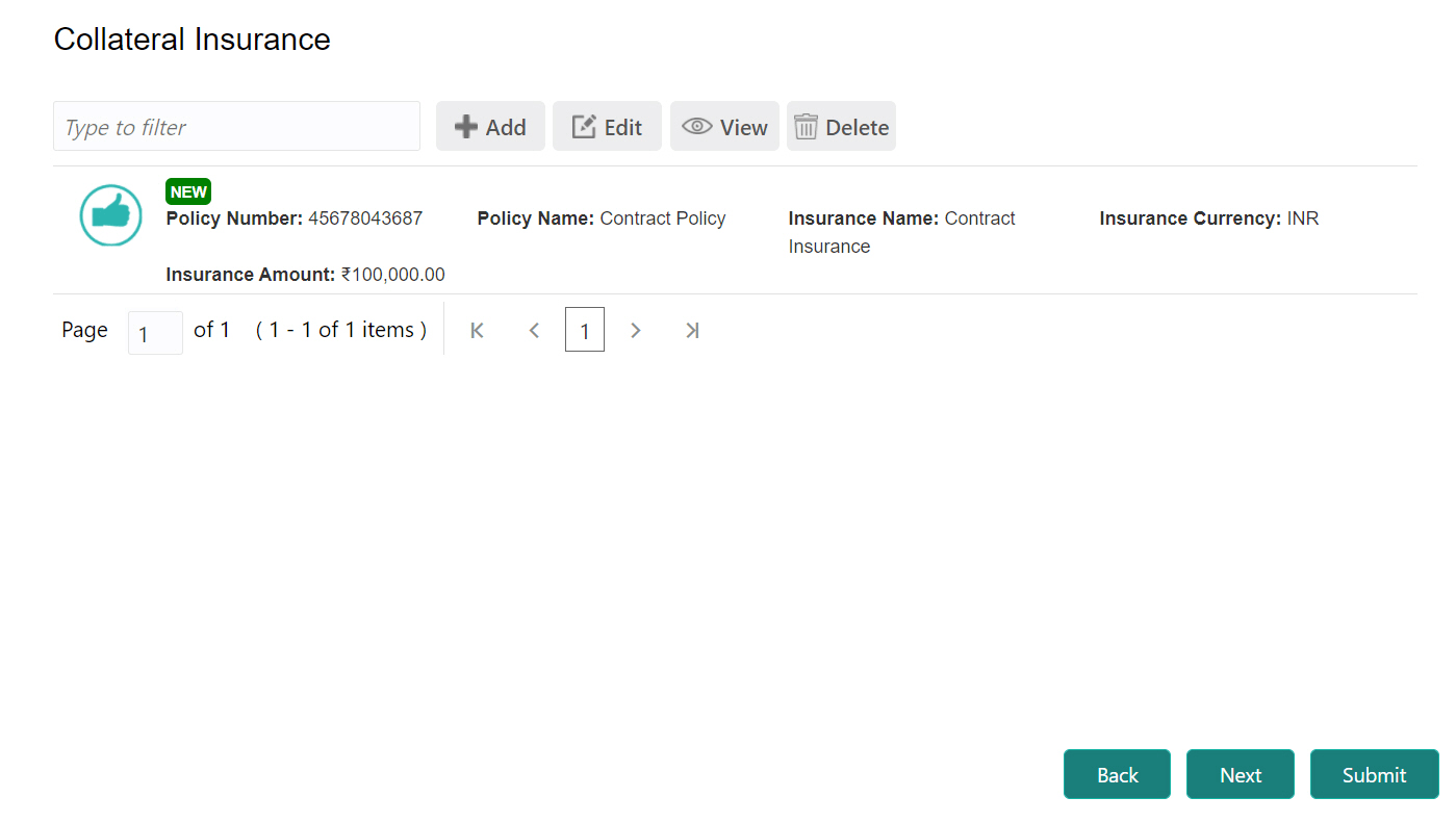 Add, Edit and Delete options for Collateral Insurance