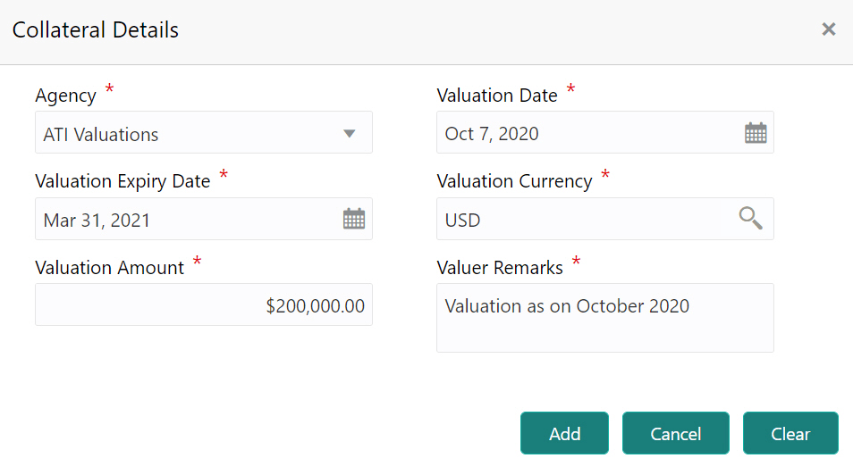 Collateral Details such as Agency and Valuation Date