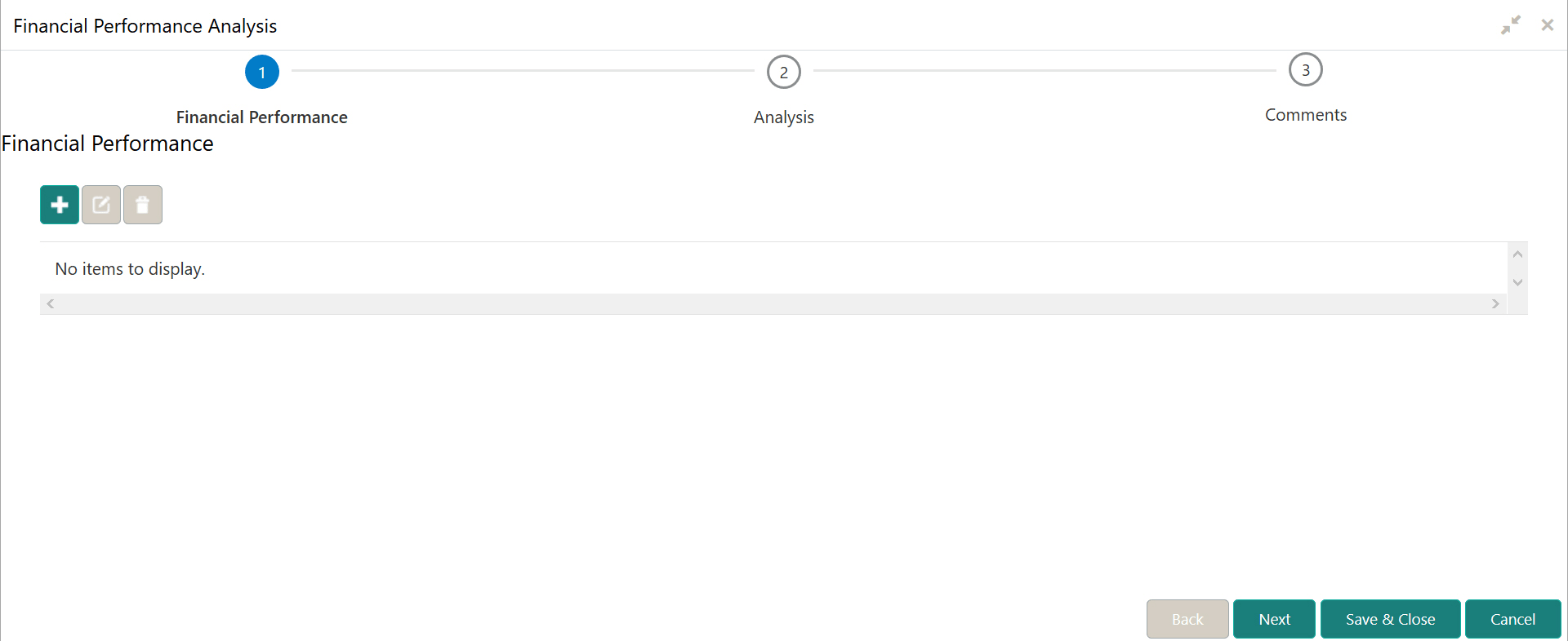 Add, Edit and Delete actions for Financial Performance Analysis