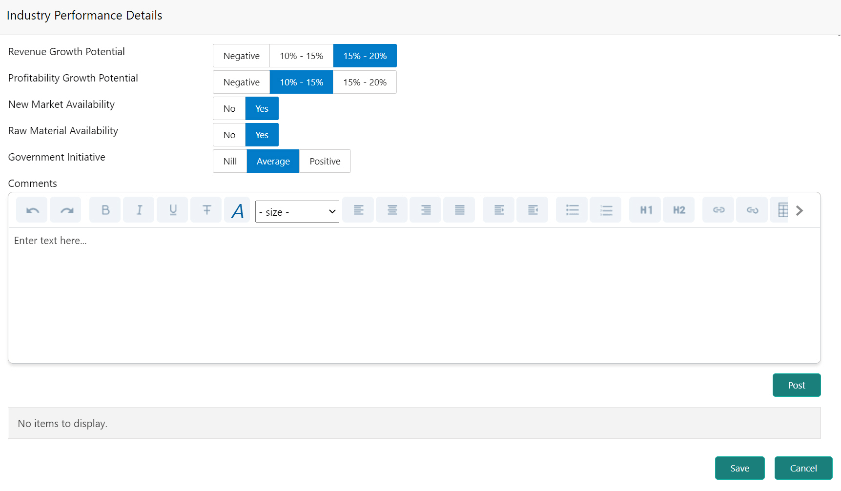 overall Comments for Industry Performance Details