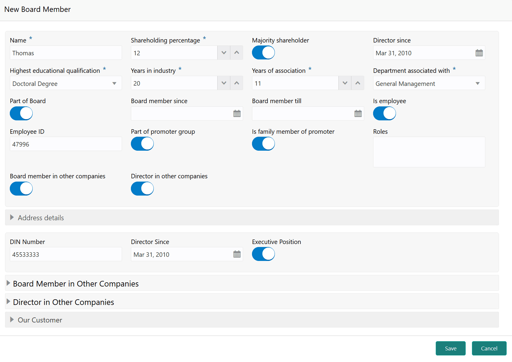 New Board Member Details such as Name and Employee Id