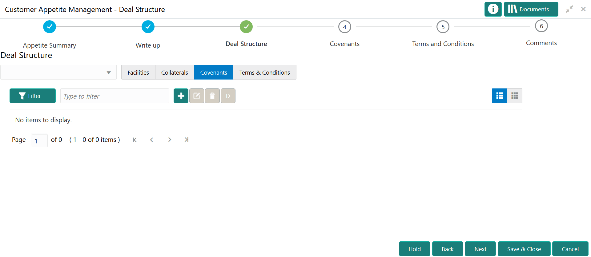 Add, Edit and delete Options for Deal Structure - Covenants