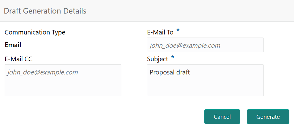 Draft Generation Details such as Email and Email to