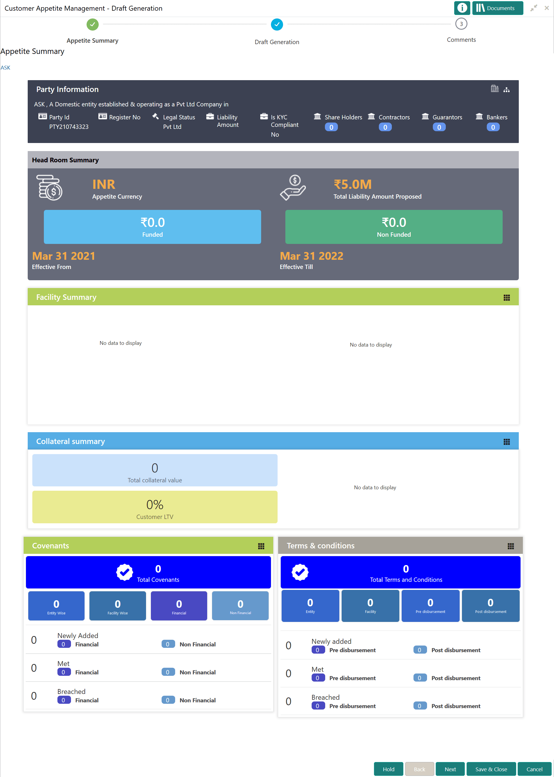 Appetite Summary details such as Facility summary and collateral Summary