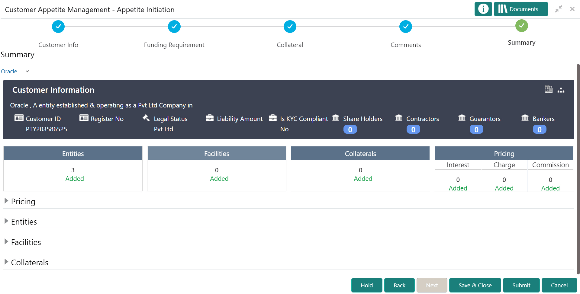Summary details such as Customer Info and Funding Requirement
