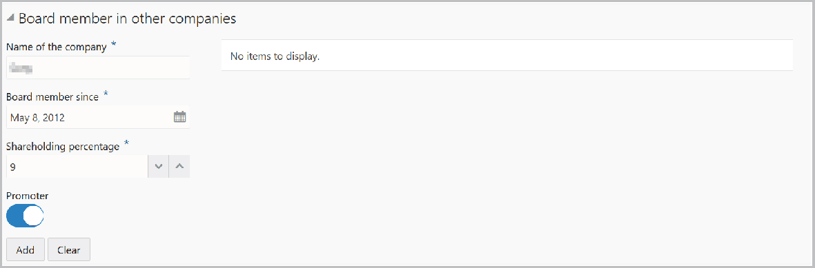 Add and Clear options for Board member in other companies