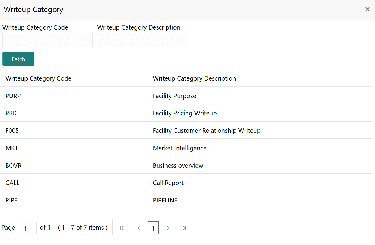 Write up Category details such as write up category code and write up category description
