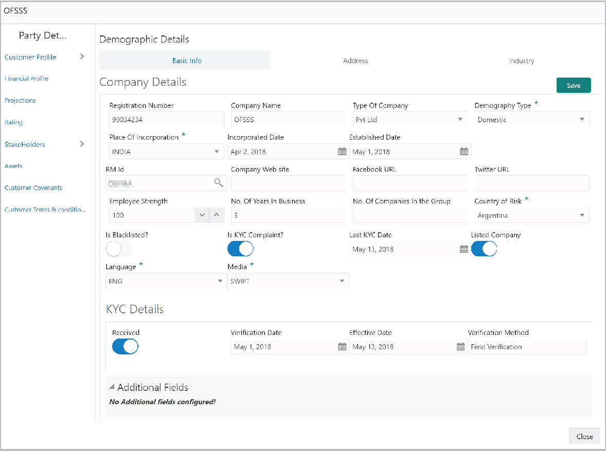 Party details such as Company details and KYC details