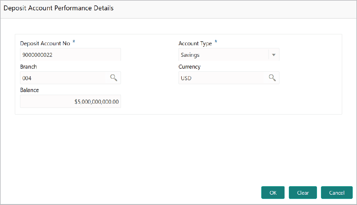 Deposit Account Performance Details such as Deposit Account No and Account Type