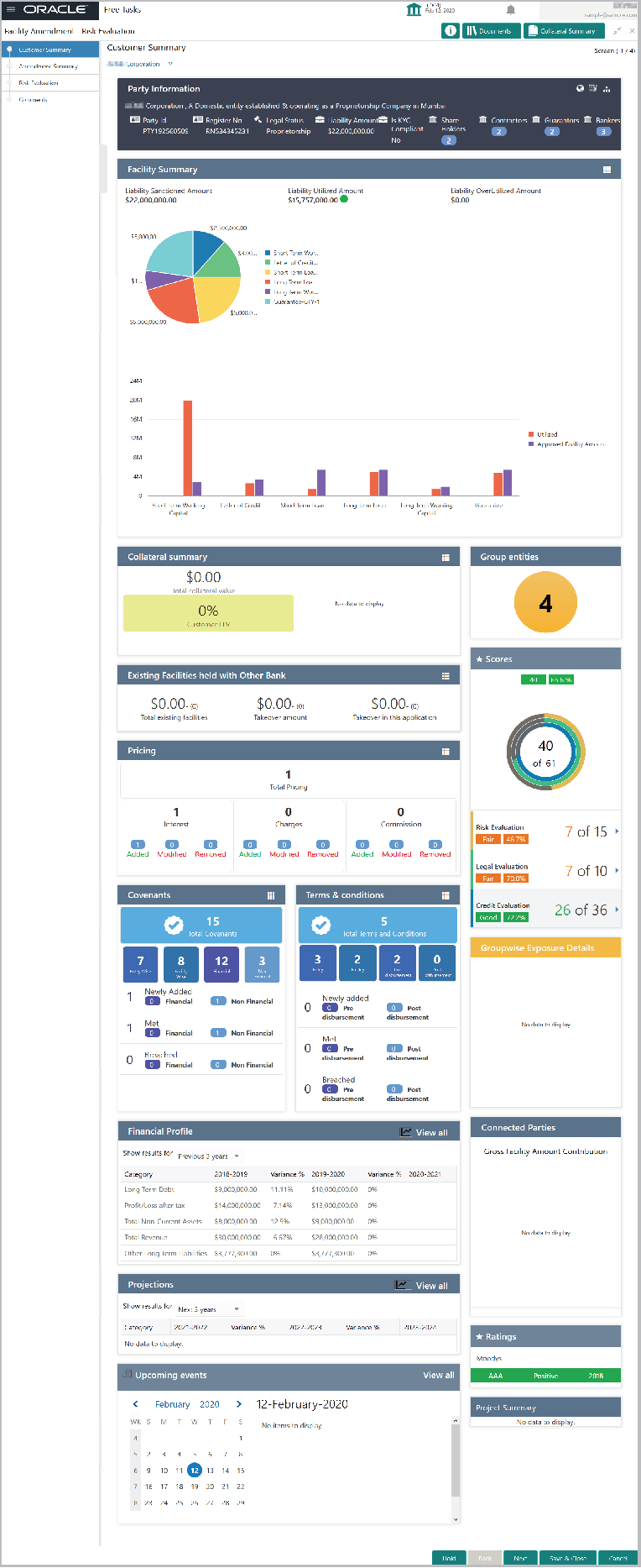 Customer Summary details such as Collateral Summary and Pricing