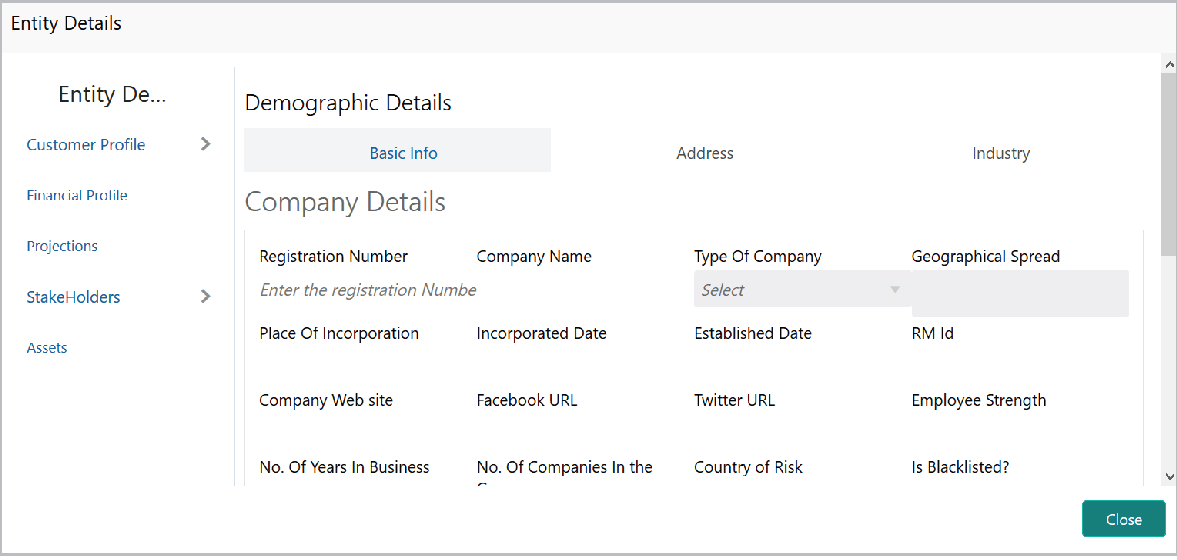 Entity Details such as Demographic details and Company Details