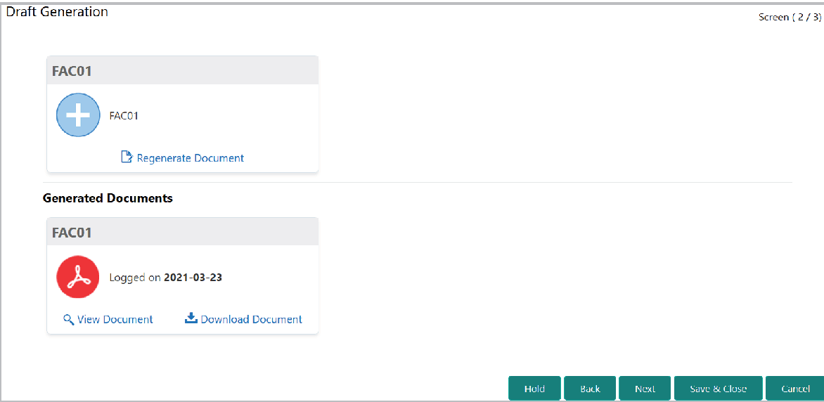 Draft Generation details such as Regenerate Document and View Document