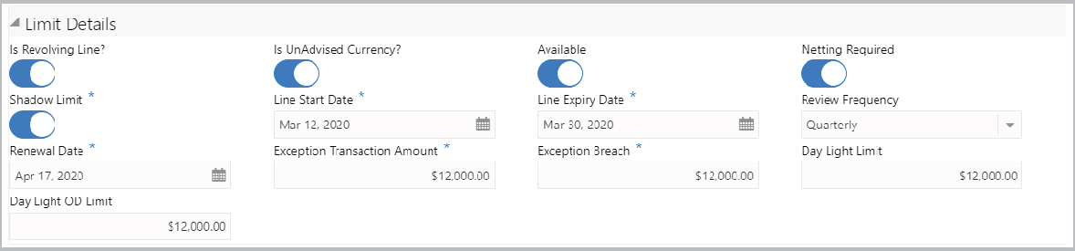 Limit Details such as Netting Required and Shadow Limit