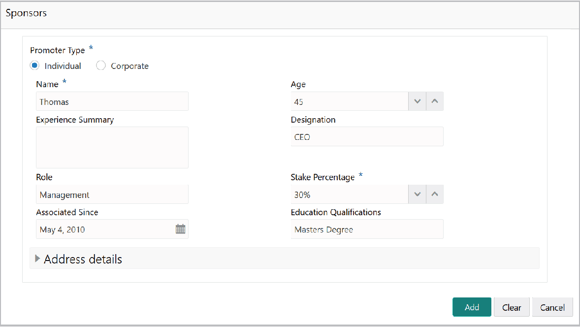 Sponsor details such as Promoter Type and Name