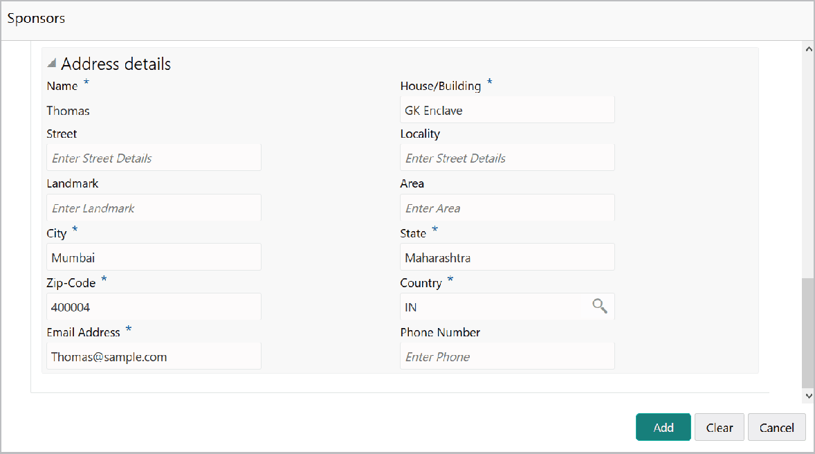 Sponsors Address details such as Name and Street