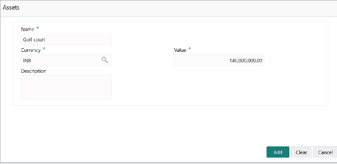 Assets details such as Name and Currency