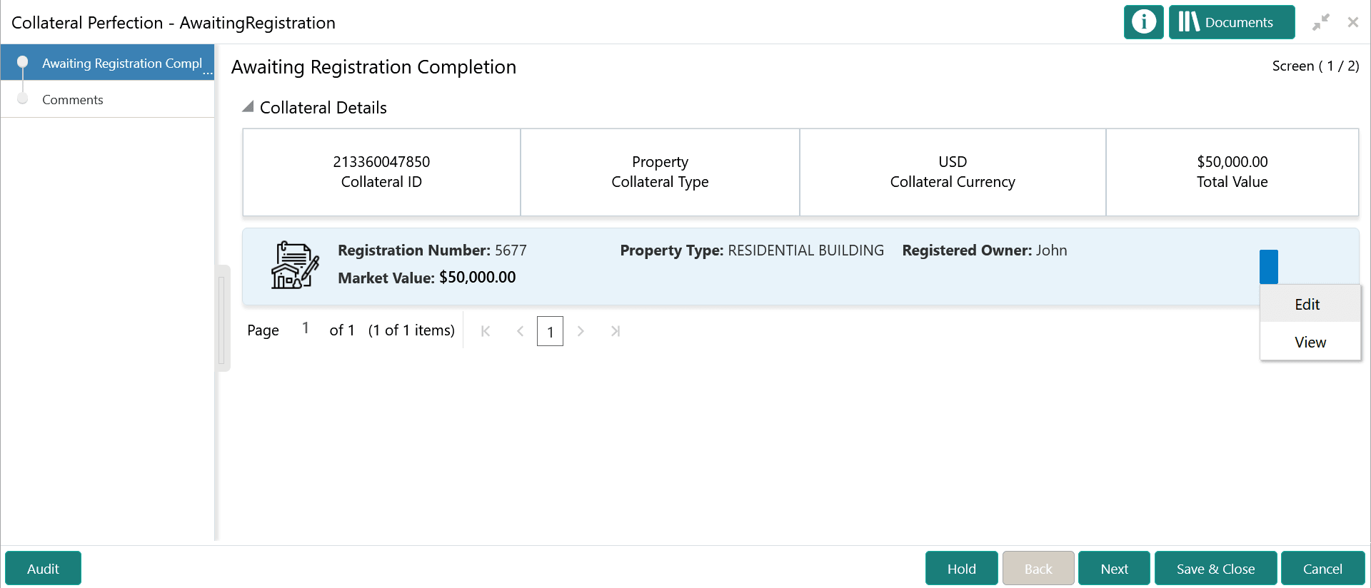 Option to Edit and View collateral details