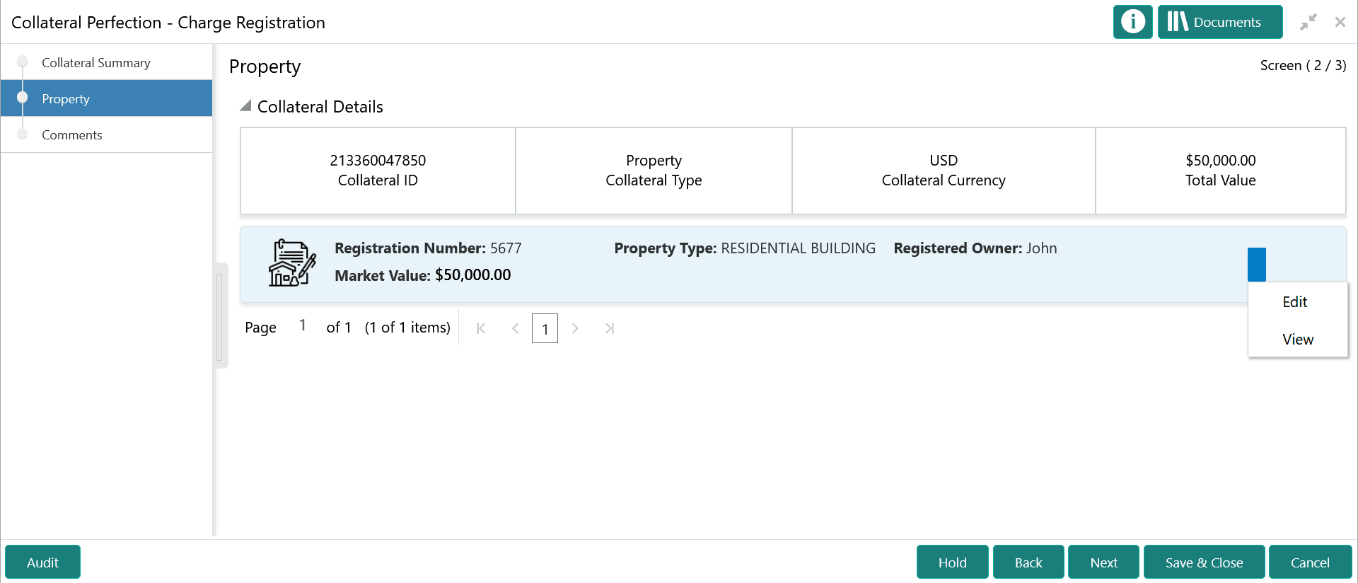 Option to Edit and View collateral details
