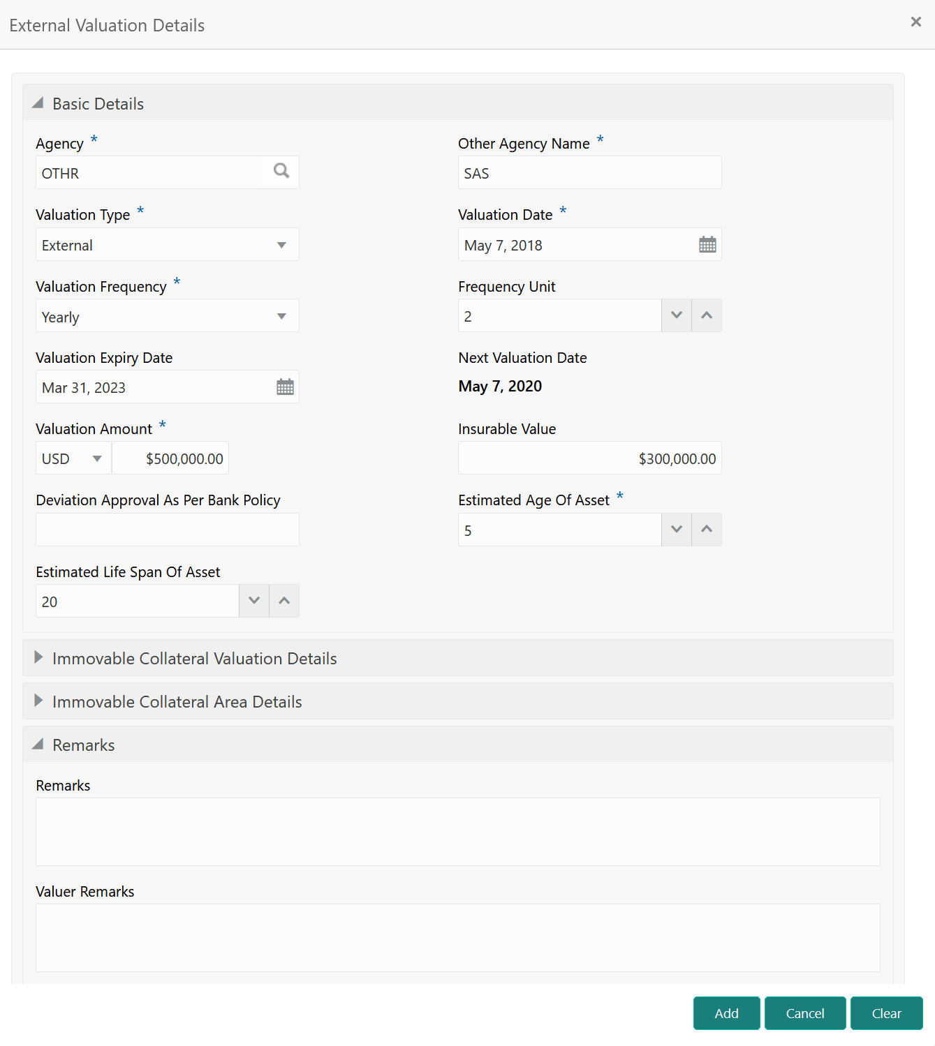External valuation details of collateral