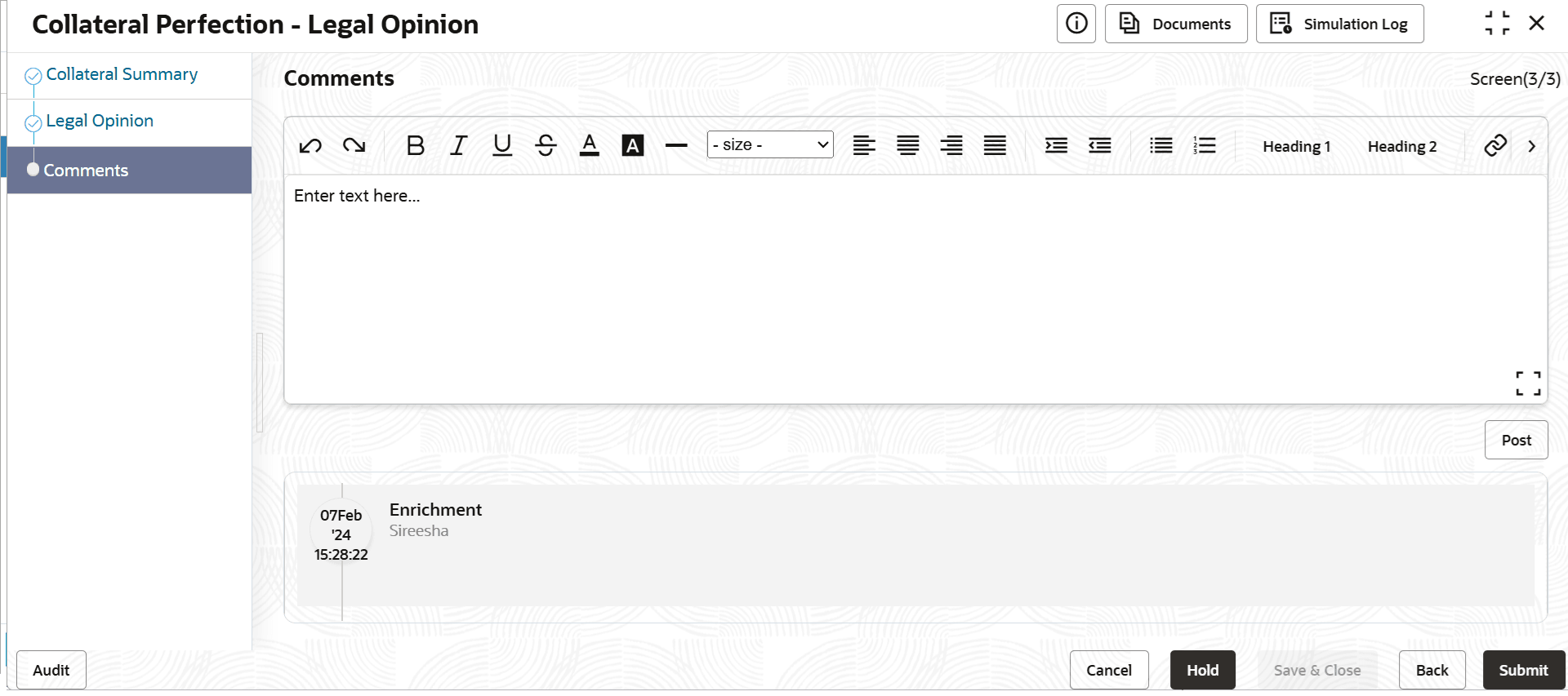 Option to post comment for the stage