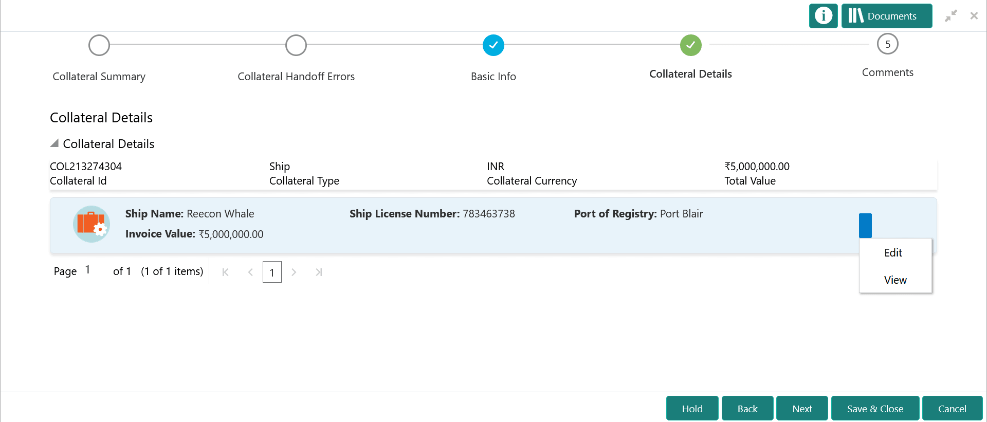 Option to Edit, View, and Delete collateral details