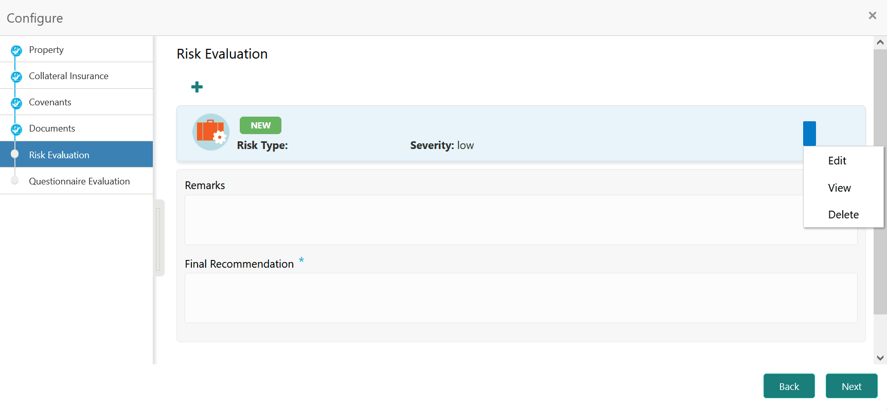 Options to Edit, View, and Delete risk evaluation details