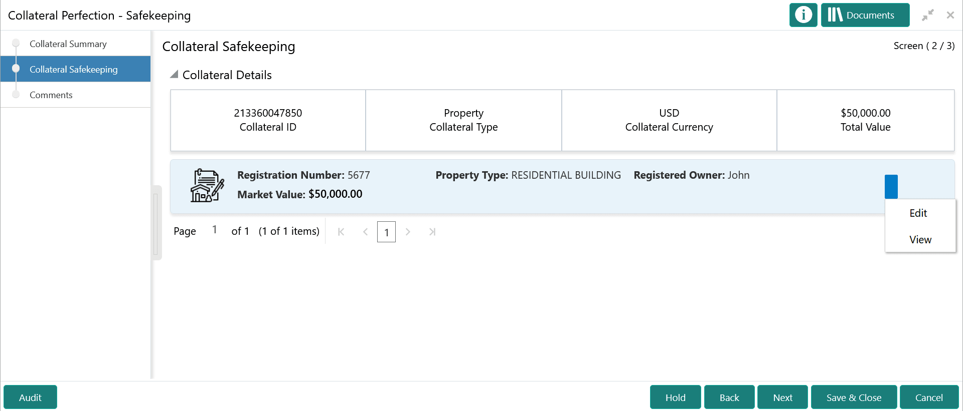 Edit and View collateral details