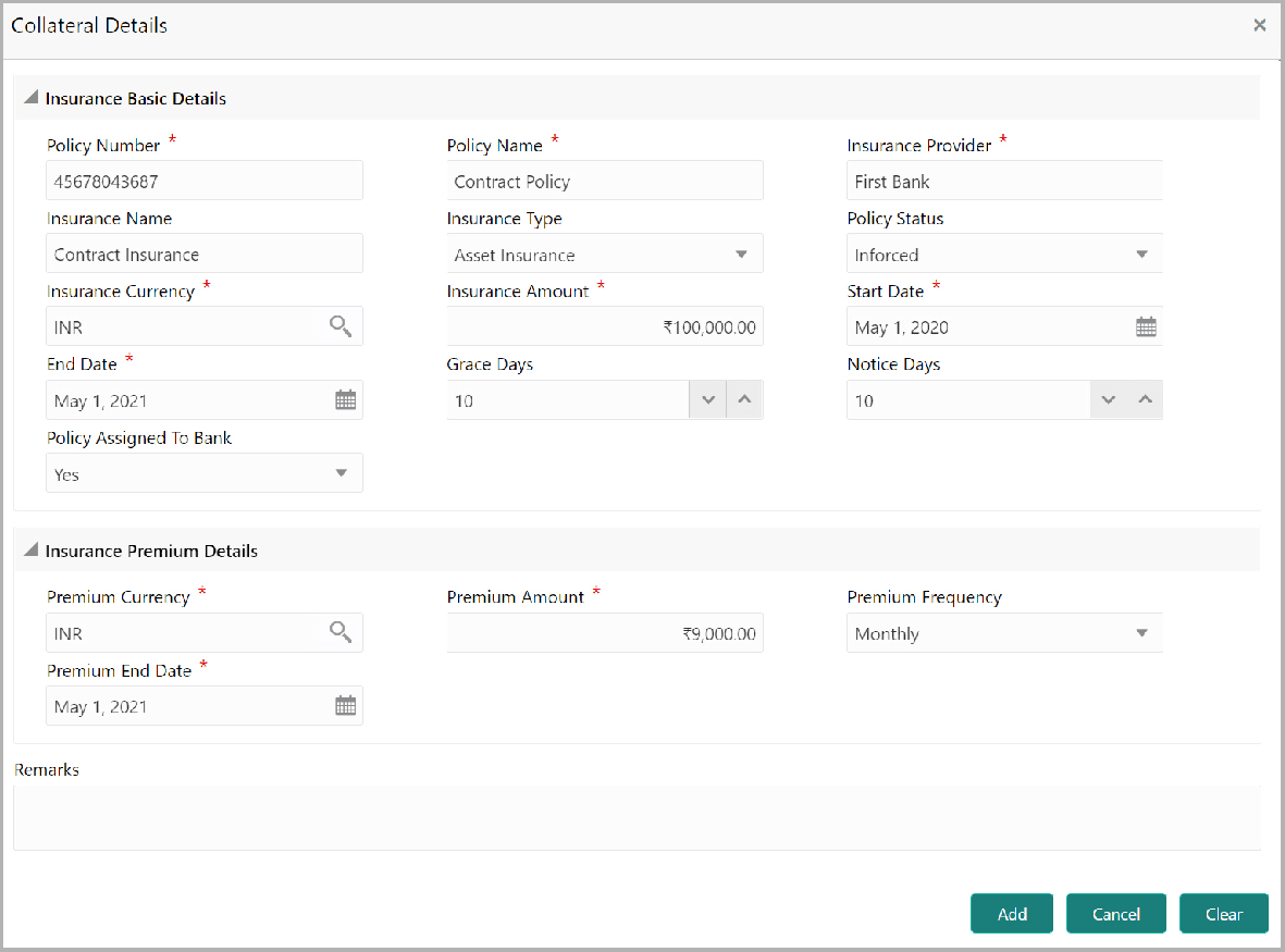 Collateral Details such as Insurance details