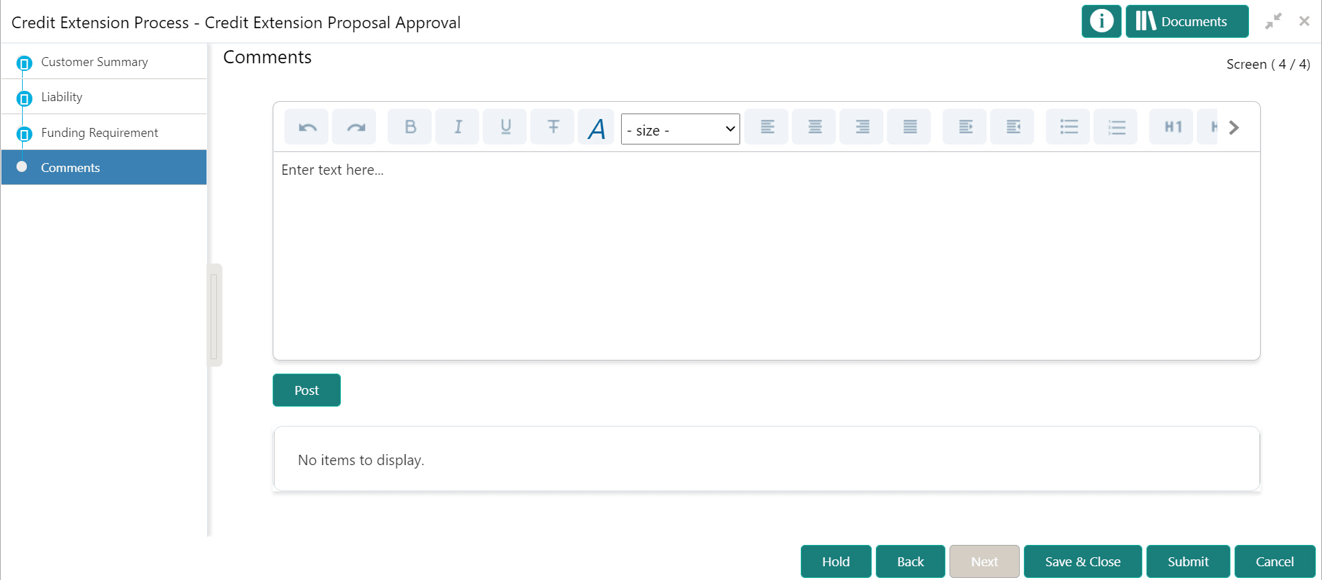 Options to post comments for the stage and submit the task