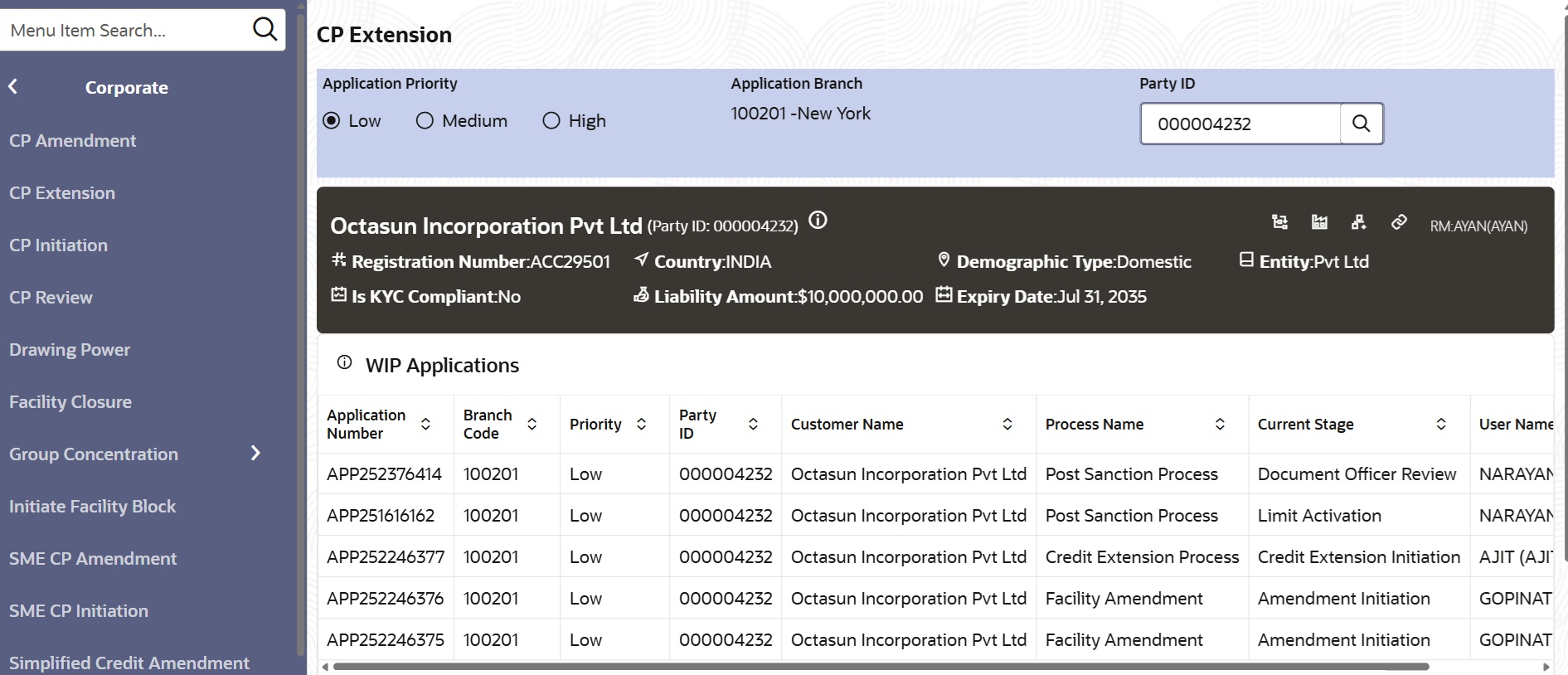 Option to provide application details and initiate Credit Extension process