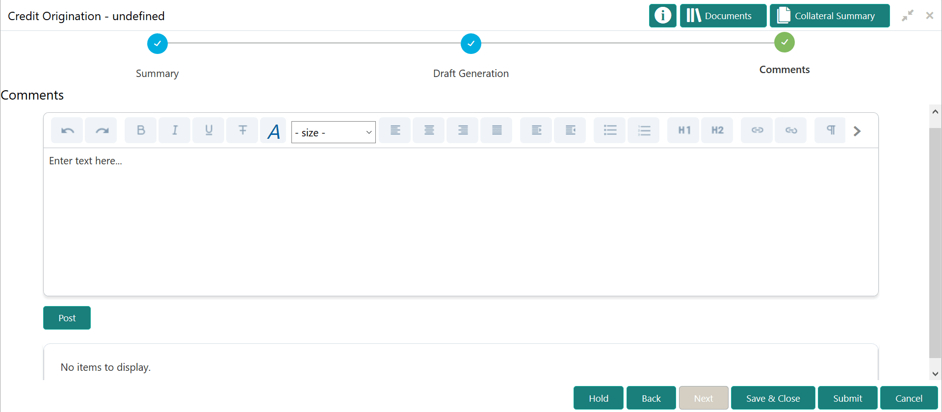 Options to post comments for the stage and submit the task