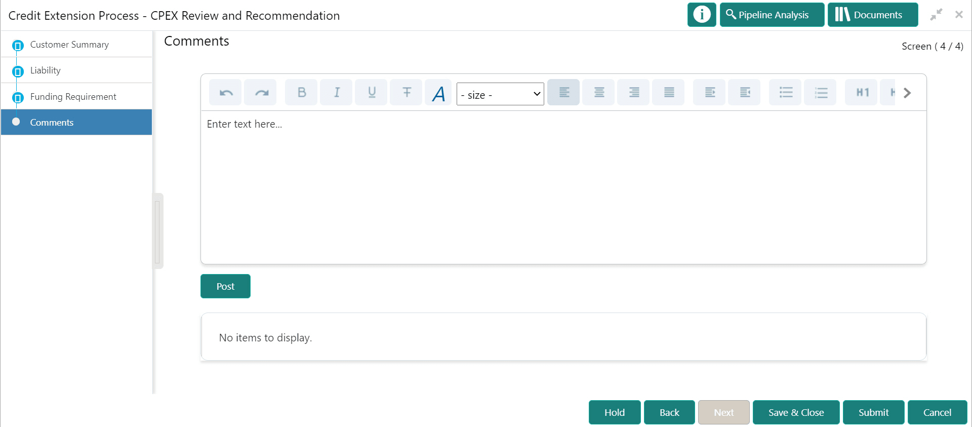 Options to post comments and submit the task