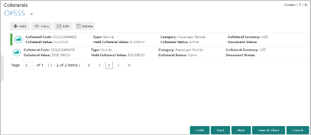 Collateral details such as Collateral code and value
