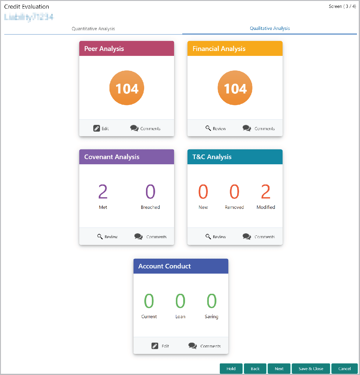 Credit Evaluation details such as Peer analysis and Financial Analysis