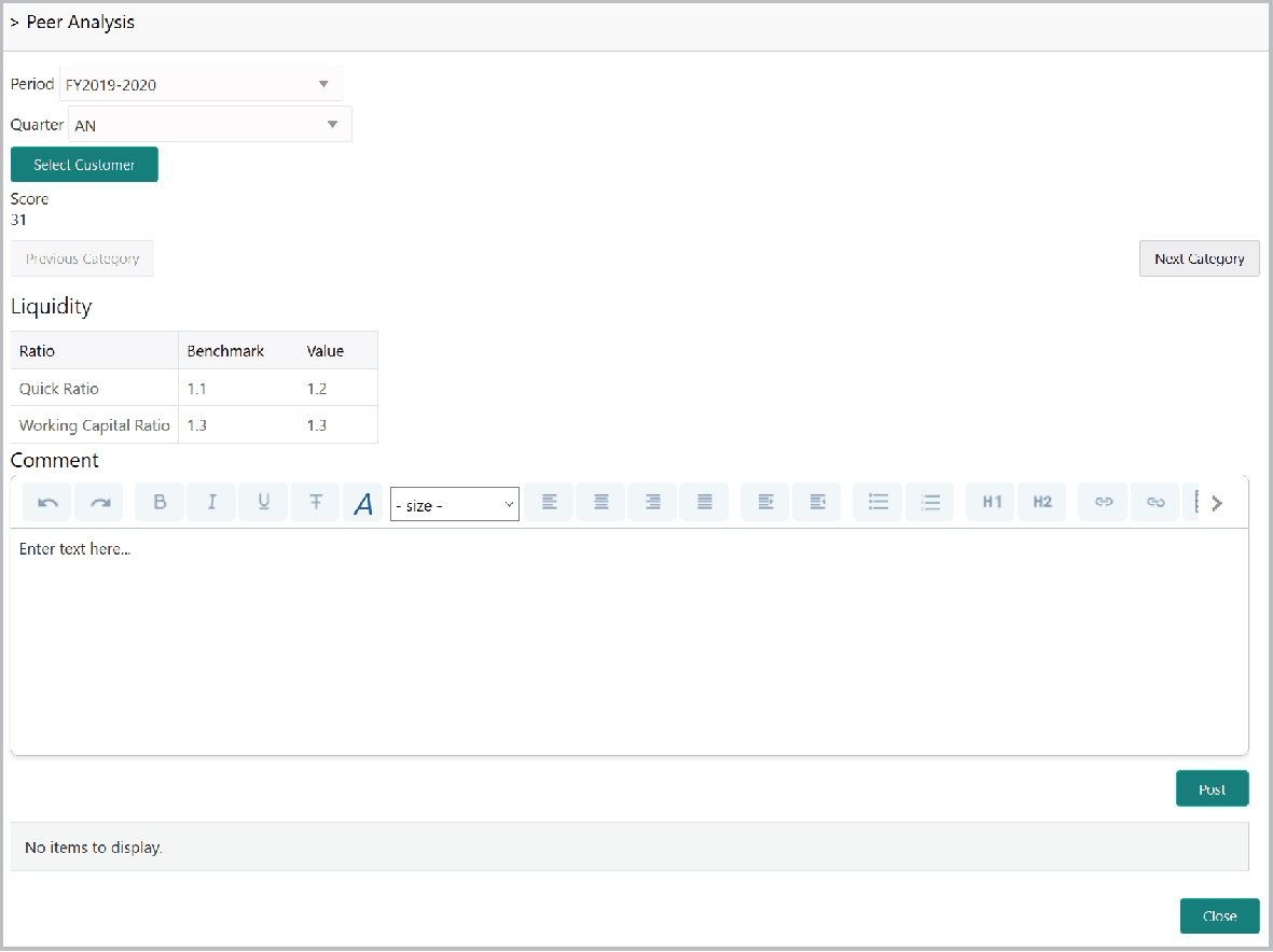 Peer Analysis details such as Period and Quarter