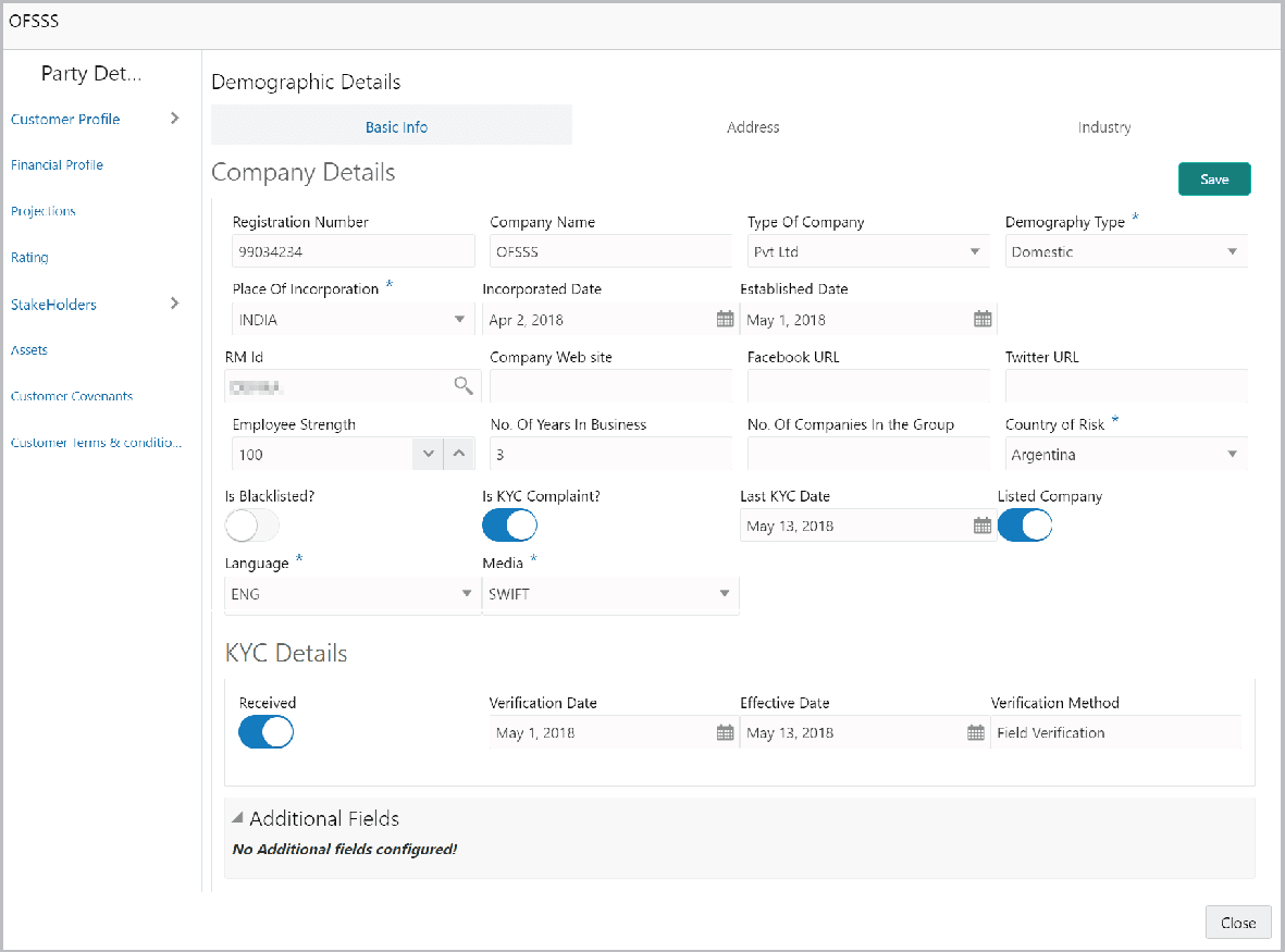 Party details such as Company details and KYC details