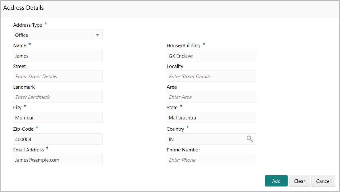 Address Details such as Address type and Name