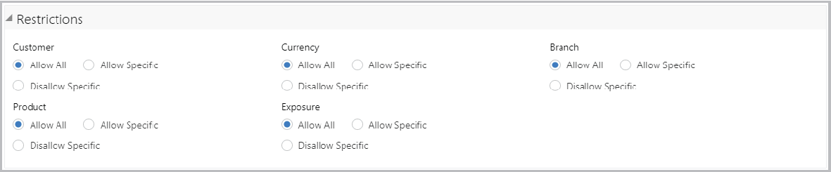 Restrictions details such as Customer and Currency Restrictions details such as Customer and Currency