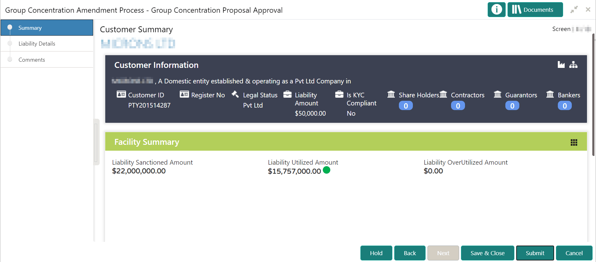 Customer Summary details such as Customer Summary and Facility Summary