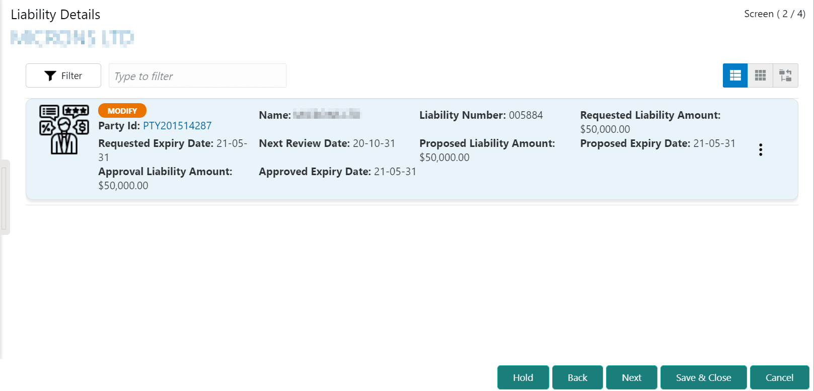 Liability Details such as Party Id and Name