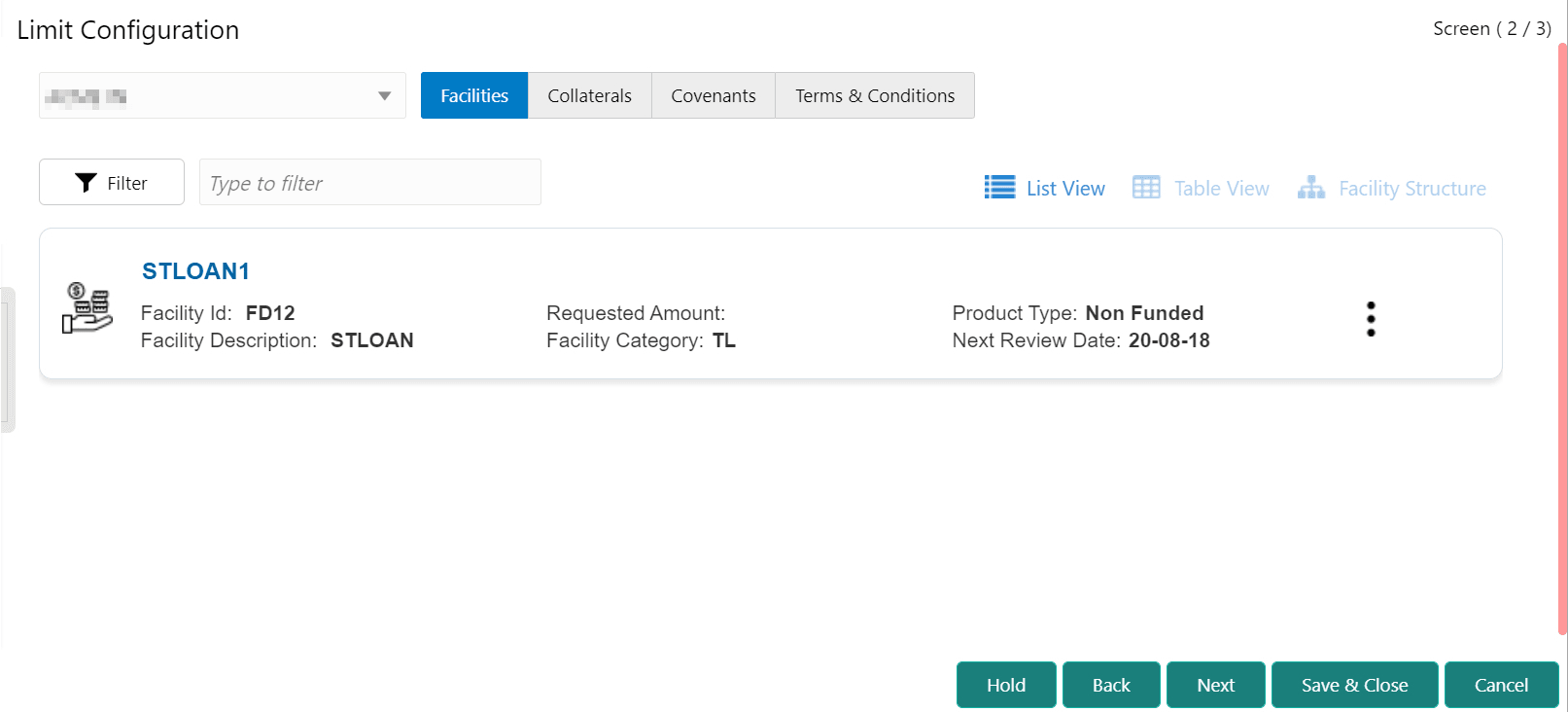 Limit Configuration details such as Facility Id and Product Type