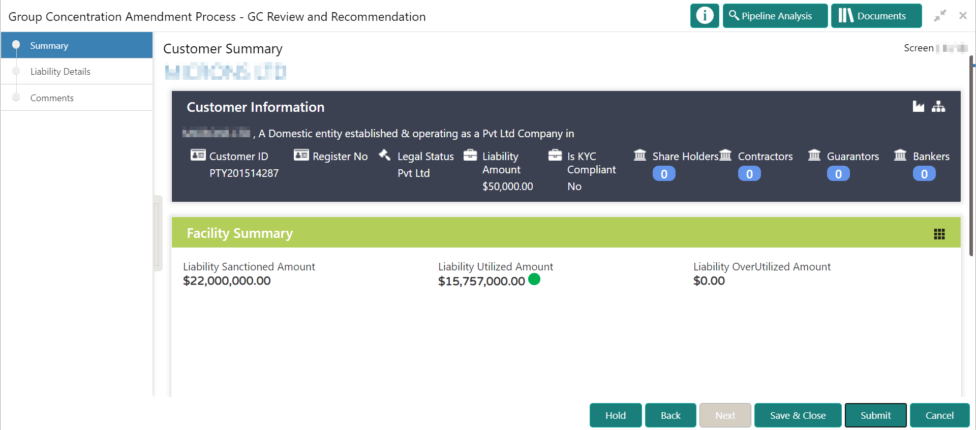 Review Summary details such as Customer Summary and Facility Summary