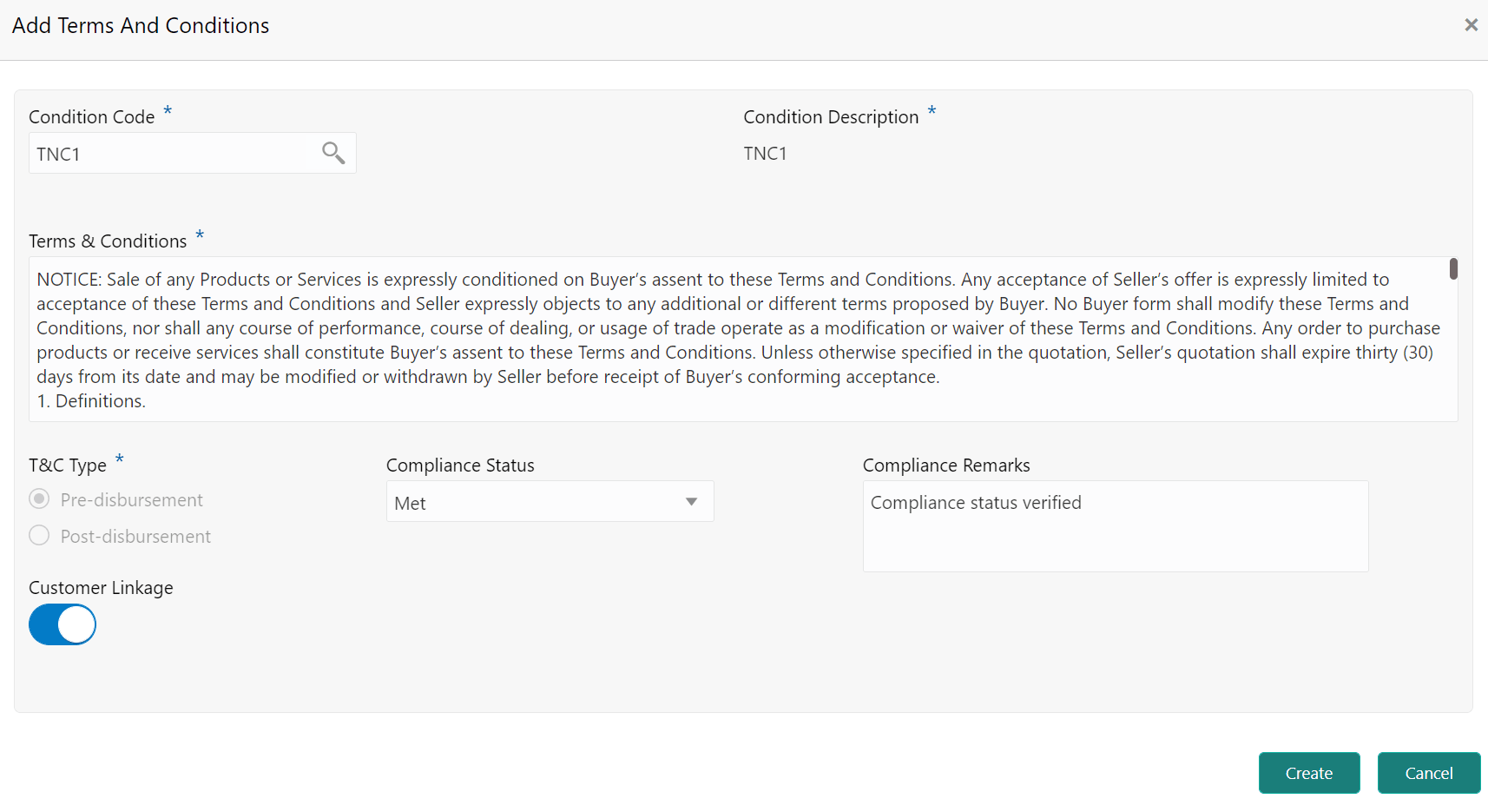 Terms And Conditions details such as Condition Code and Condition Description